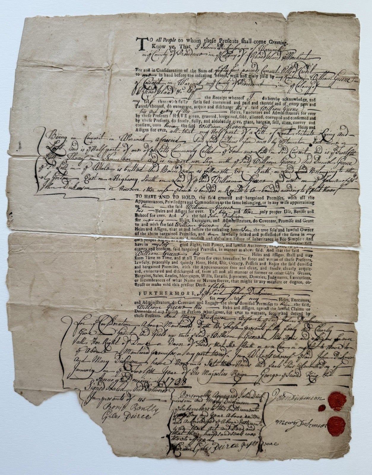 1735 Colonial Rhode Island Deed To Future Governor William Green ...