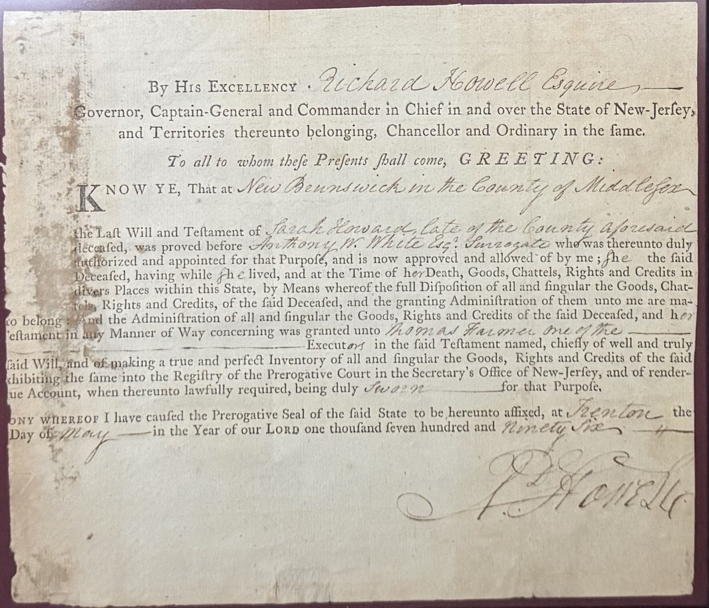 1796 Document Signed By NJ Governor Richard Howell 