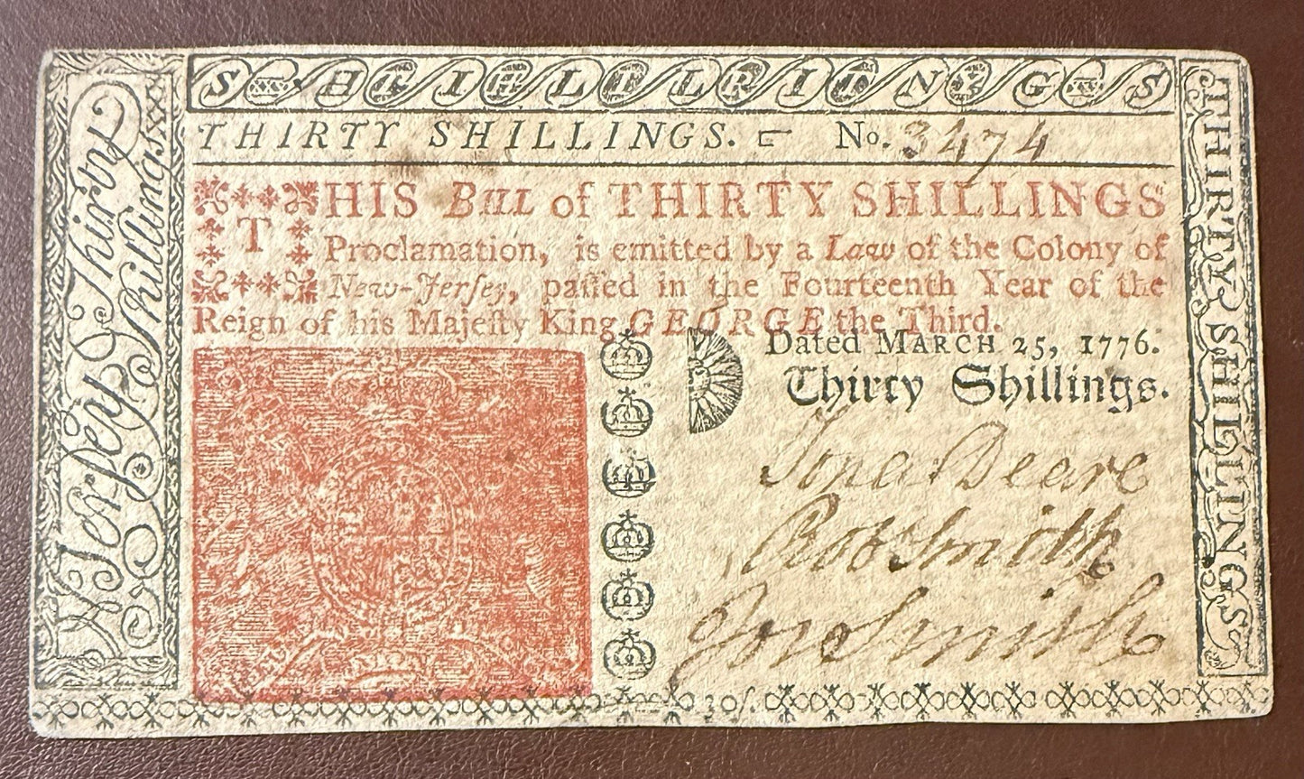 1776 NEW JERSEY 30 SHILLINGS COLONIAL NOTE 