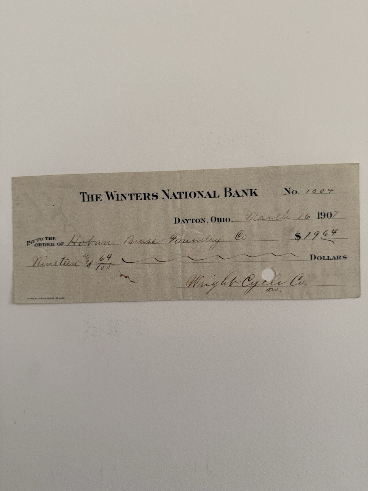 1907 Wright Brothers Check Signed Wright Cycle Co. By Orville Wright 