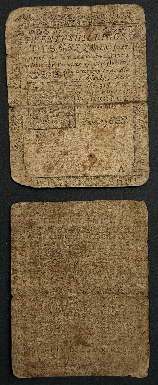 20 Shillings Note Printed By Benjamin Franklin 