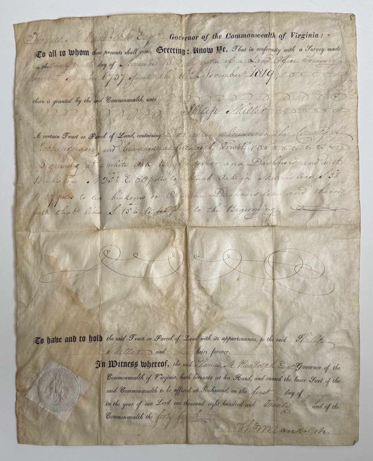 1820 Virginia Land Grant Signed By Governor Randolph 