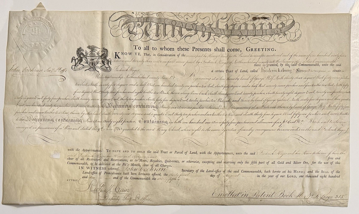 1810 Land Patent From Commonwealth Of Pennsylvania 