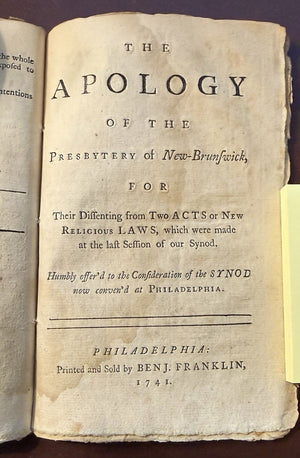 1741 Benjamin Franklin Imprint -Apology Of The Presbytery Of New Brunswick